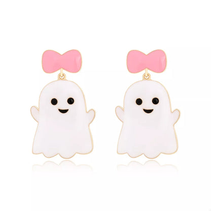 Halloween ghost dangle earrings with bow featuring white ghost figures and black bows, stylish accessory for spooky season.