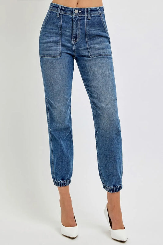 Risen full size high rise ankle jogger jeans in dark wash denim, featuring a relaxed fit and elastic cuffs, by Trendsi.