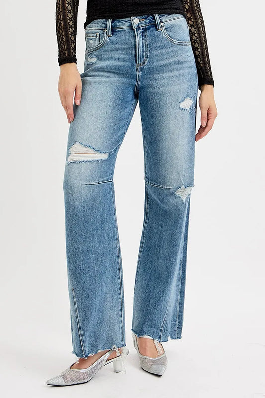 Plus size Trendsi RISEN full size mid-rise wide baggy leg washed jeans with tie detail, casual denim fit and relaxed style.