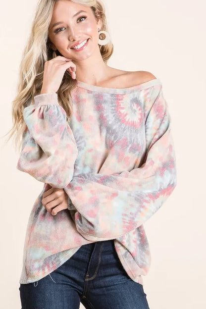 BiBi brushed tie dye print top with puff sleeves, featuring a stylish and casual design from Trendsi.