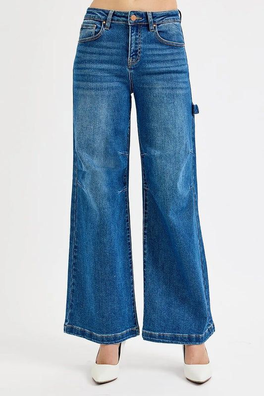 Plus size high-rise wide-leg jeans with patch details, trendy fit, from Trendsi's RISEN collection.