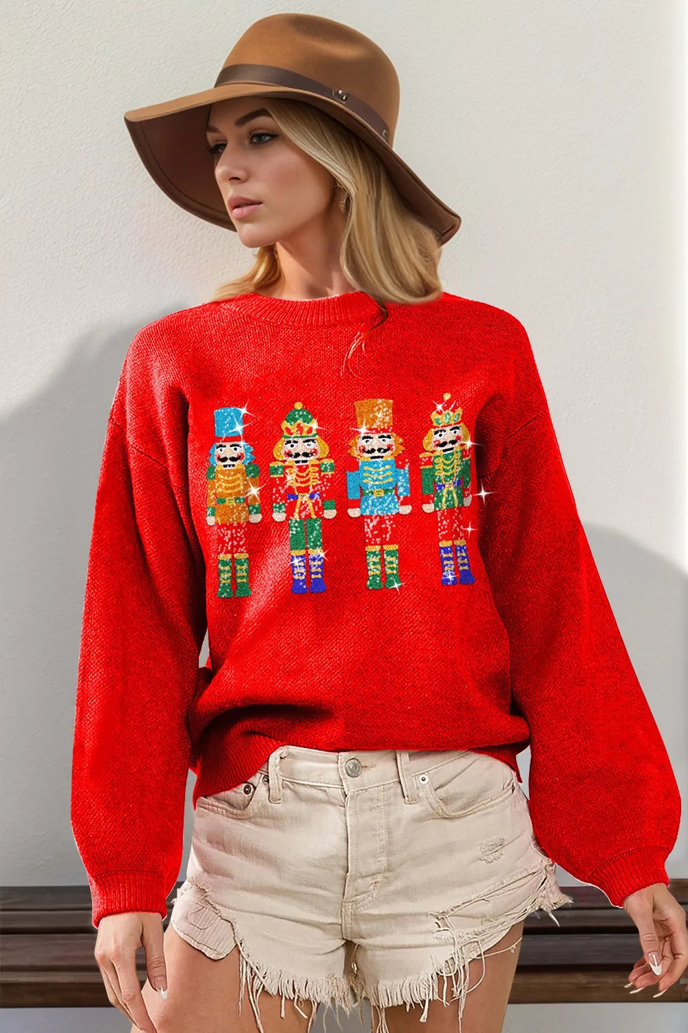 Trendsi Double Take full size sequin Nutcracker long sleeve sweater featuring festive holiday design and sparkly sequin accents.