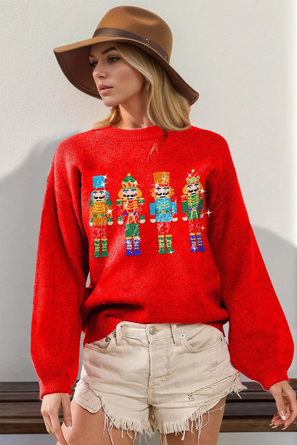 Trendsi Double Take full size sequin Nutcracker long sleeve sweater featuring festive holiday design and sparkly sequin accents.