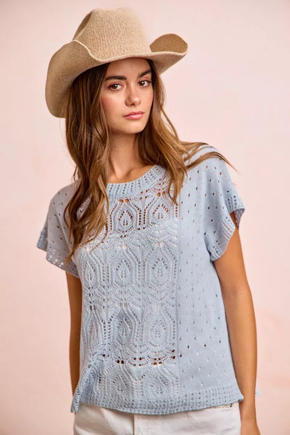 Trendsi BiBi Washed Eyelet short sleeve breathable knit top featuring eyelet details and a relaxed fit.