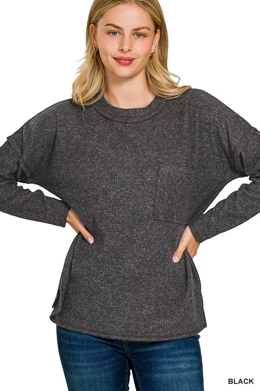 Rust-colored Zenana ribbed brushed melange Hacci sweater with a chest pocket, soft and cozy for casual wear.