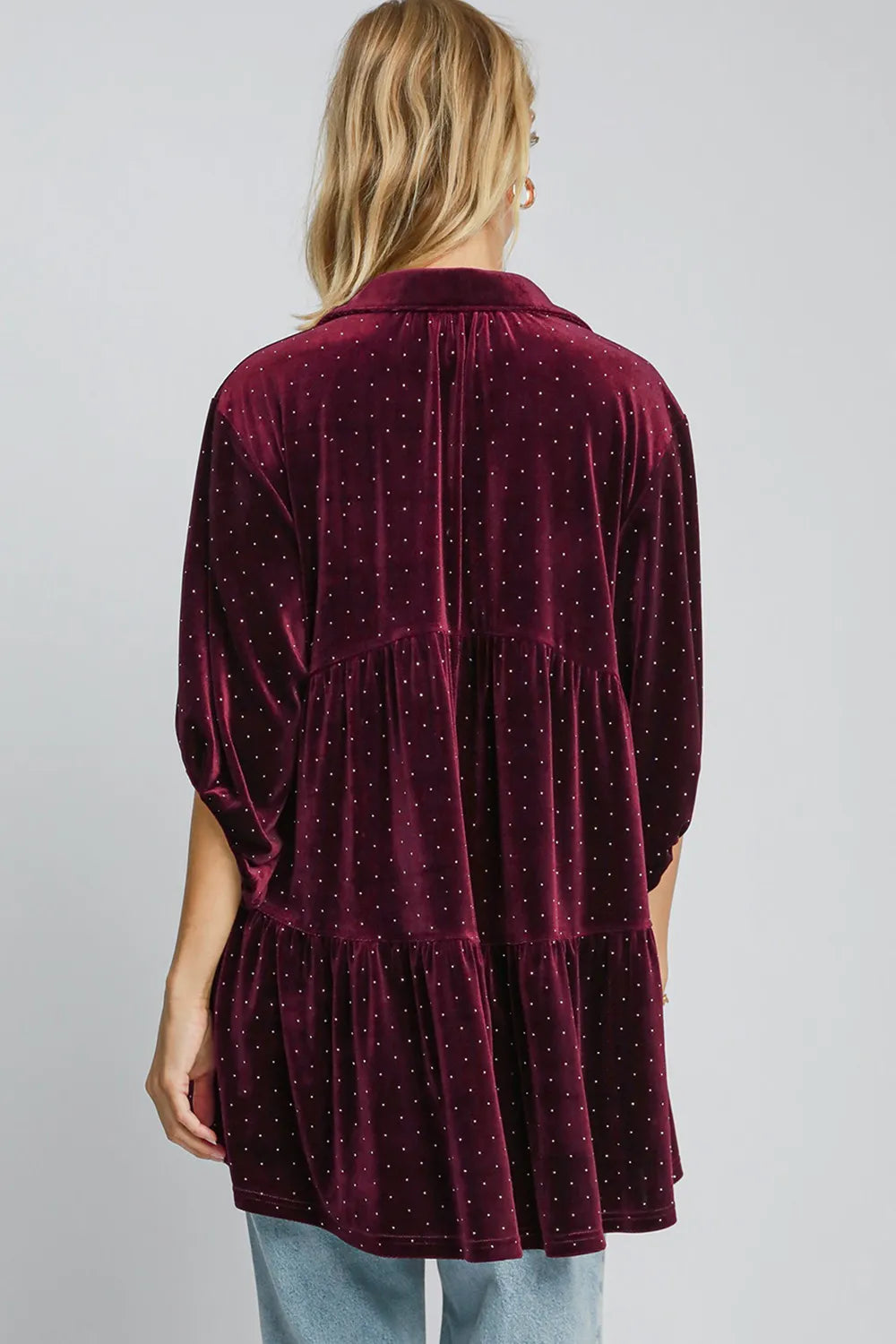 Umgee polka dot button-up half sleeve shirt with a relaxed fit, featuring a classic collar and front buttons.