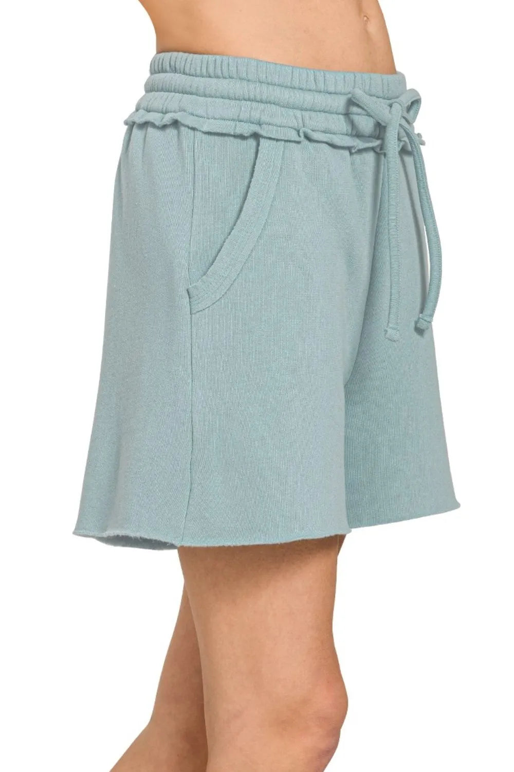 Zenana fleece raw hem shorts with drawstring, casual loungewear featuring soft fabric and relaxed fit, shown in the image.