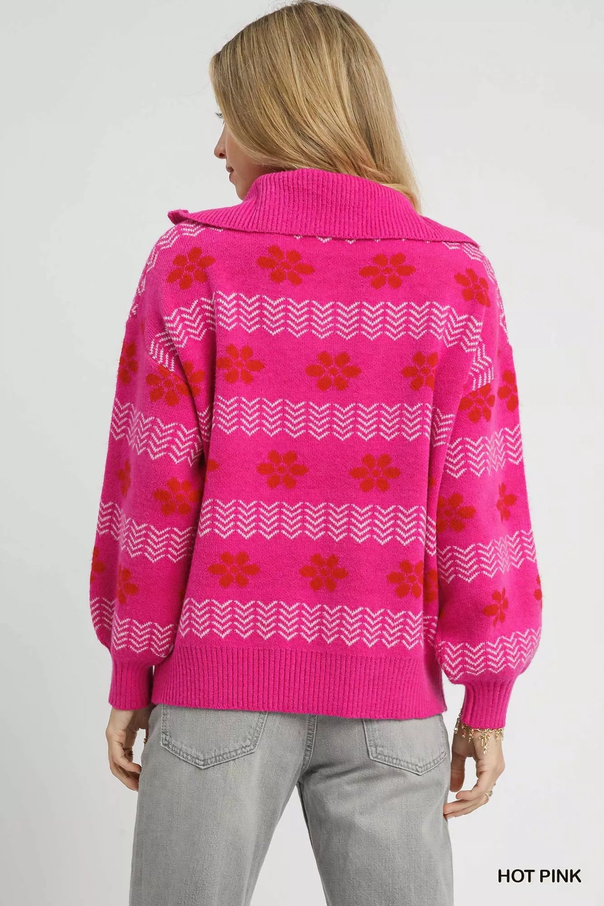 Trendsi Umgee floral patterned jacquard quarter-zip pullover sweater with intricate floral design and cozy knit texture.