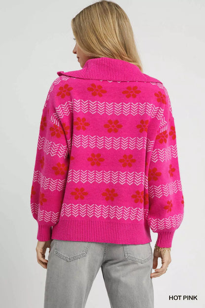 Trendsi Umgee floral patterned jacquard quarter-zip pullover sweater with intricate floral design and cozy knit texture.