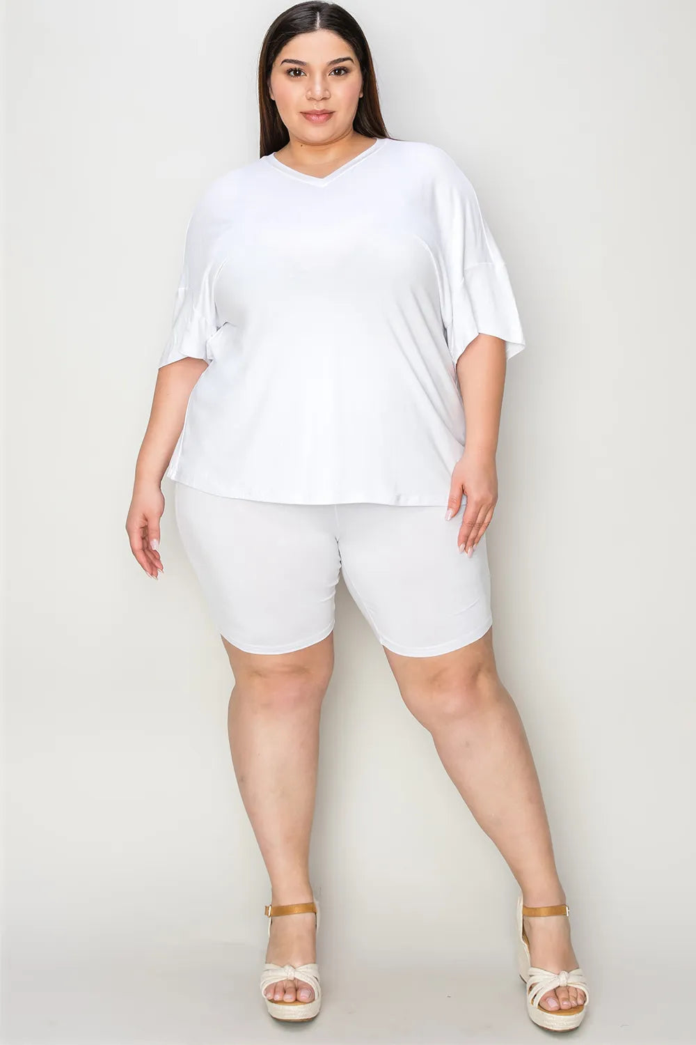 Basic Bae bamboo T-shirt and shorts set by Trendsi, featuring a V-neck, drop shoulder design, and comfortable full-size fit.