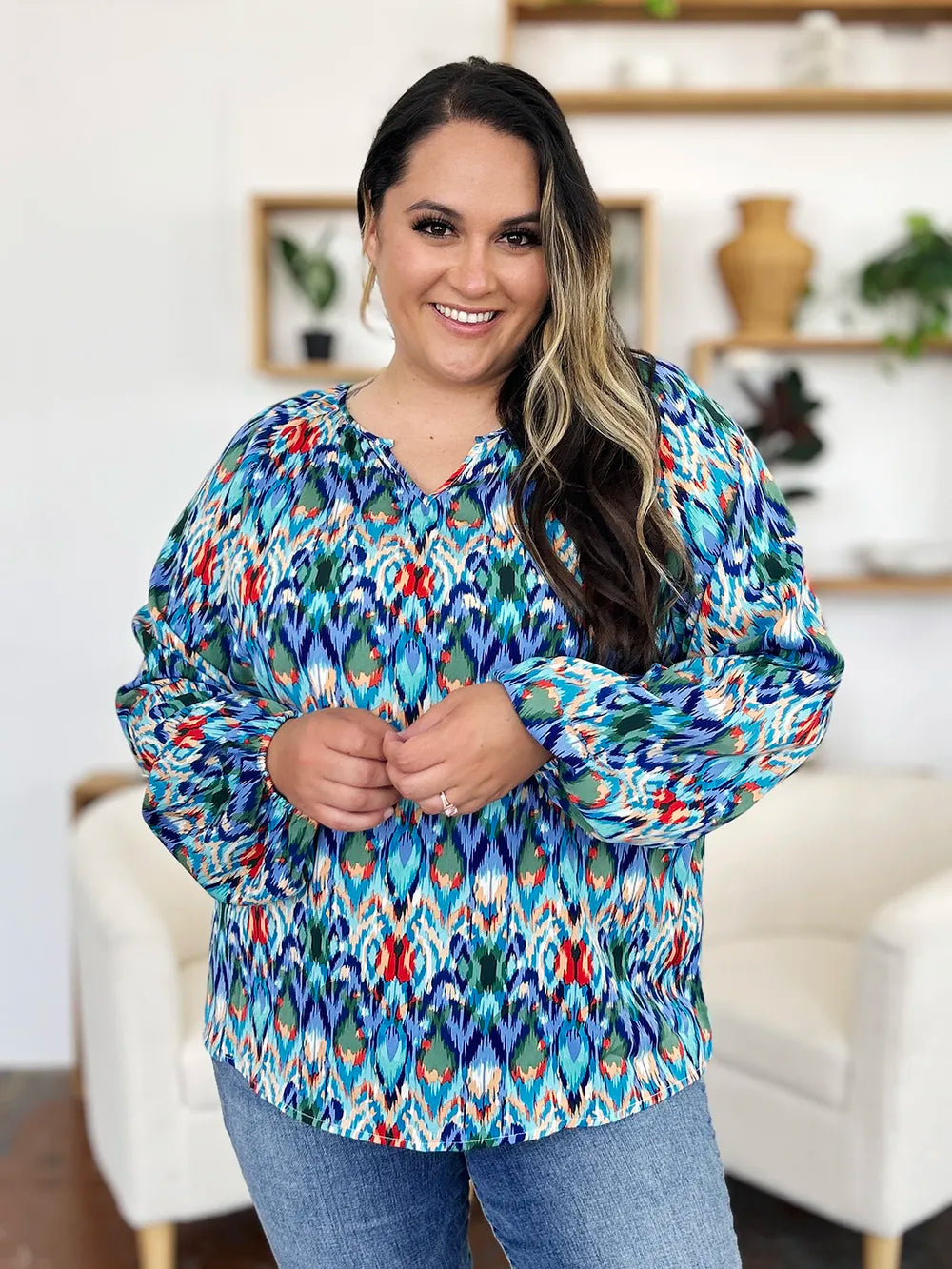 Printed balloon sleeve blouse from Trendsi featuring a double take full size design and stylish 3D printed pattern.