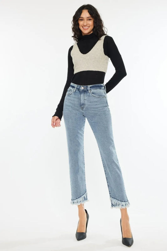Kancan raw hem high rise straight jeans in light wash denim with distressed detailing and classic five-pocket style.