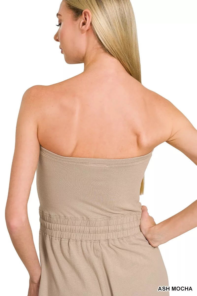 Black Zenana tube top jumpsuit with drawstring waist, featuring a fitted bodice and wide-leg pants, styled for casual wear.