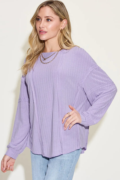 Trendsi Basic Bae full size ribbed round neck long sleeve T-shirt in neutral color, featuring a fitted ribbed fabric and classic design.