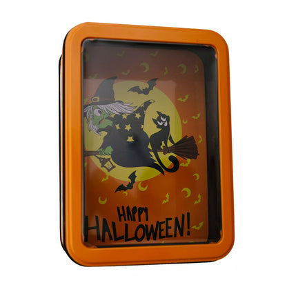 Halloween decorative metal storage box with window display, Trendsi Halloween storage container with spooky design and metal construction.