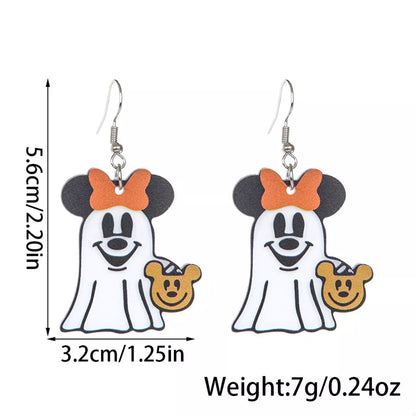 Halloween Mickey Ghost dangle earrings featuring Mickey Mouse design with spooky ghost elements, trendy jewelry for Halloween.