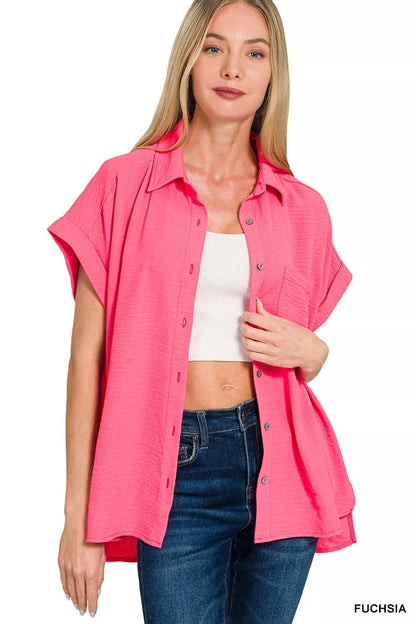 Zenana woven airflow button-down shirt in light fabric, featuring a relaxed fit and classic collar, ideal for casual wear.