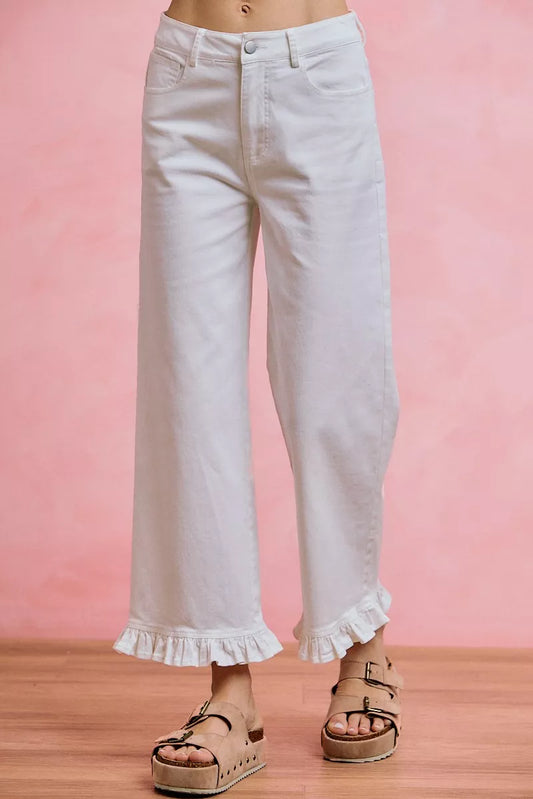 Trendsi SO ME ruffled bottom detail mid-rise jeans shown in a stylish denim fit with ruffled hem, casual and trendy design.