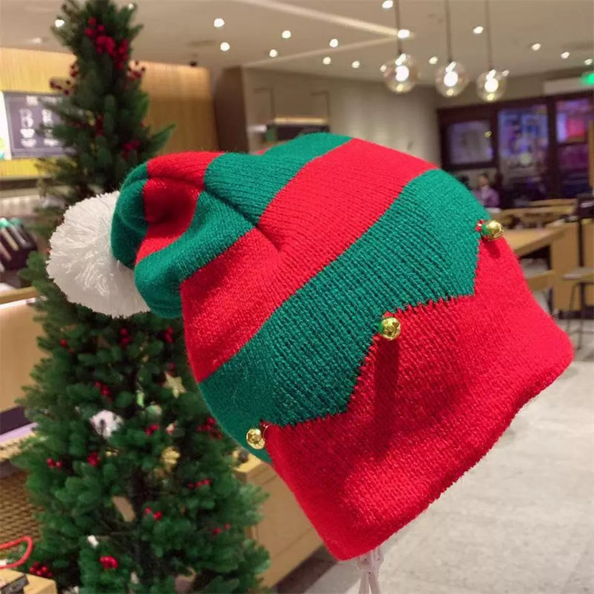 Red Christmas knitted beanie hat by Trendsi featuring festive holiday patterns and a cozy, warm design.