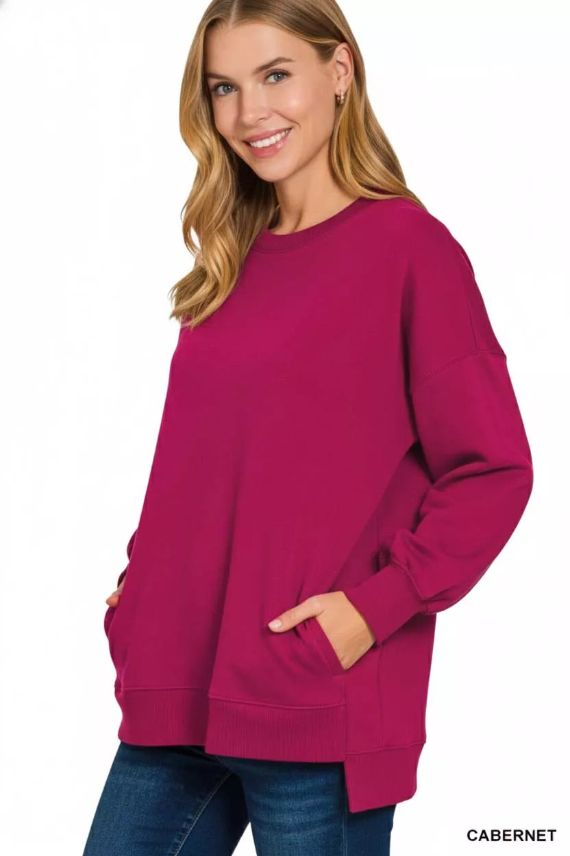 Zenana fleece hi-low boyfriend sweatshirt with pockets, featuring a relaxed fit and cozy fabric, designed for casual comfort.