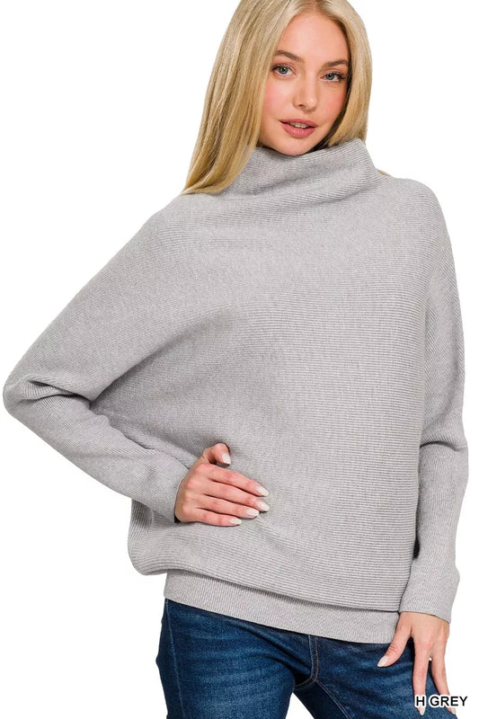 Soft black Zenana viscose dolman sleeve mock neck sweater with relaxed fit, casual and comfortable for everyday wear.