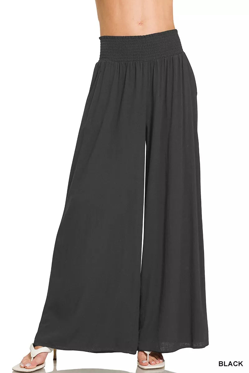 Zenana wide-leg lounge pants with smocked waistband, comfortable and relaxed fit for casual wear, in a soft fabric.