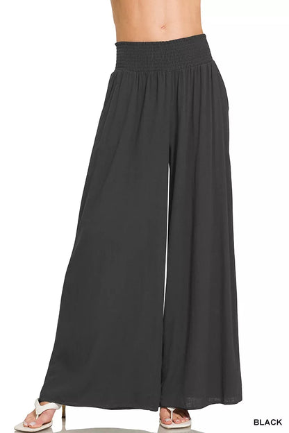 Zenana wide-leg lounge pants with smocked waistband, comfortable and relaxed fit for casual wear, in a soft fabric.