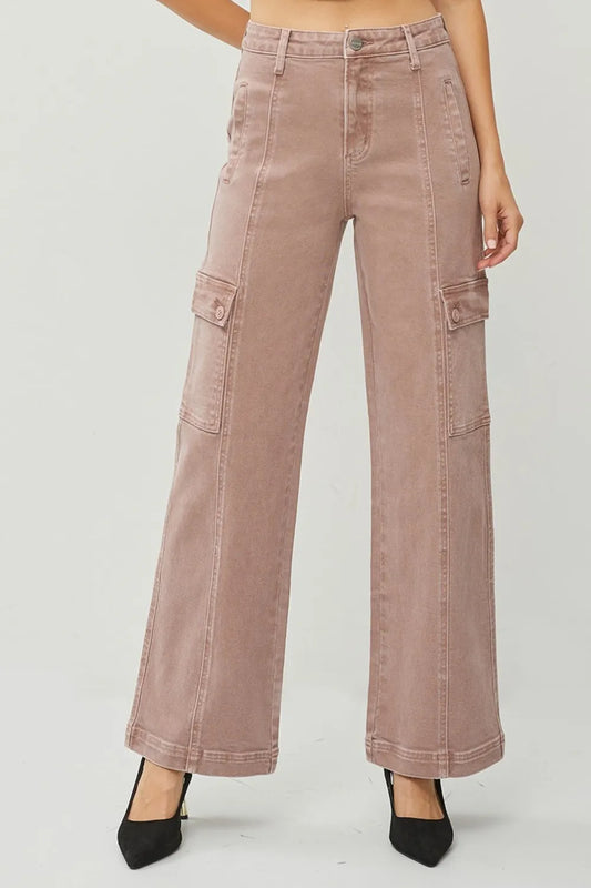 Risen full size high-rise wide-leg cargo jeans with large front pockets and relaxed fit, displayed on a white background.
