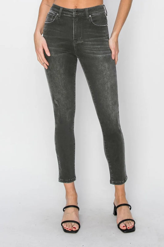 Risen full size high rise ankle skinny jeans by Trendsi, showcasing dark denim fabric and fitted silhouette.