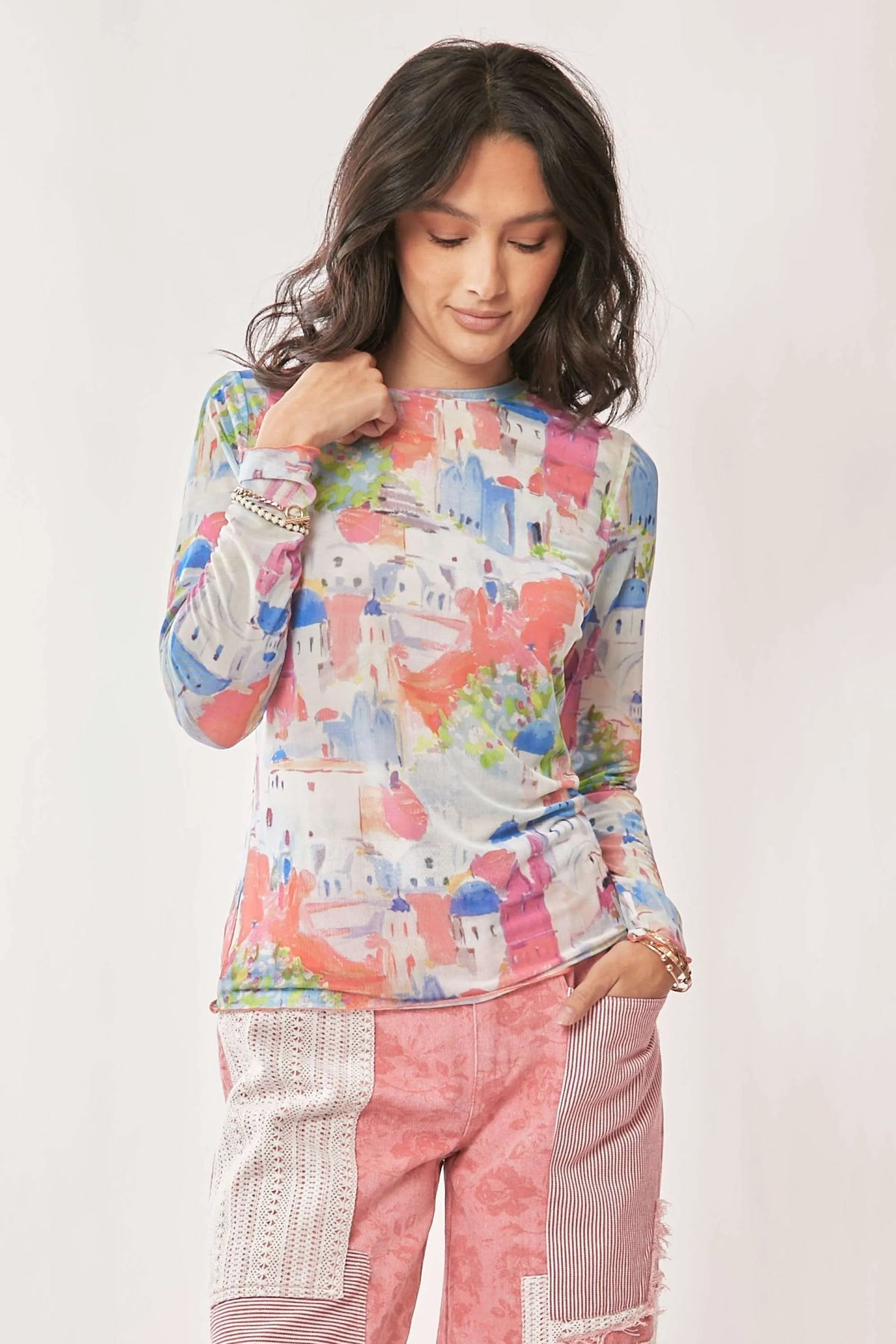Davi & Dani multi-printed mesh long sleeve top with round neckline, trendy and stylish for casual or dressy outfits