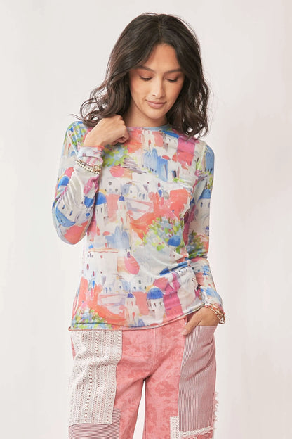 Davi & Dani multi-printed mesh long sleeve top with round neckline, trendy and stylish for casual or dressy outfits