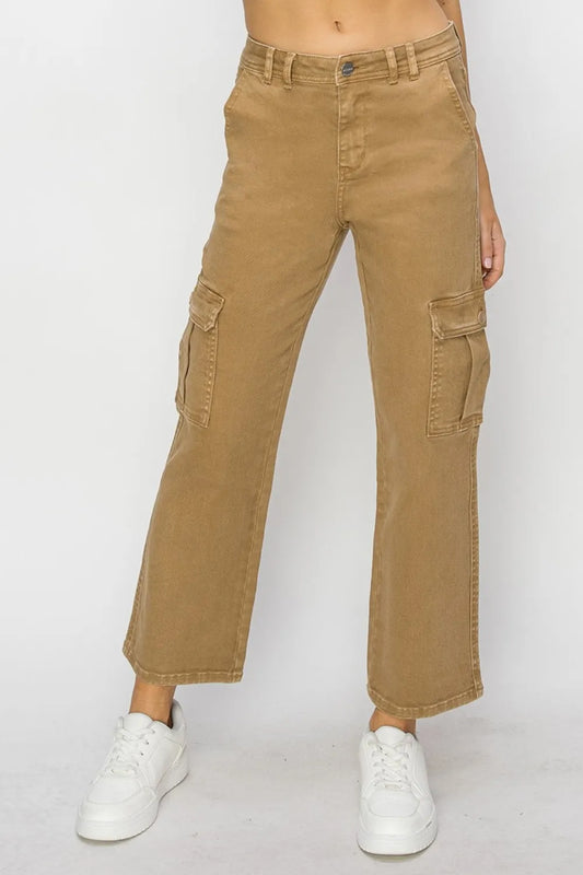 Risen full size high rise cargo jeans in dark wash with multiple pockets, displayed on a hanger.