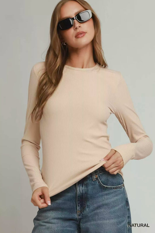 Umgee brushed rib long sleeve top in soft fabric, featuring a relaxed fit and crew neckline, perfect for casual wear.