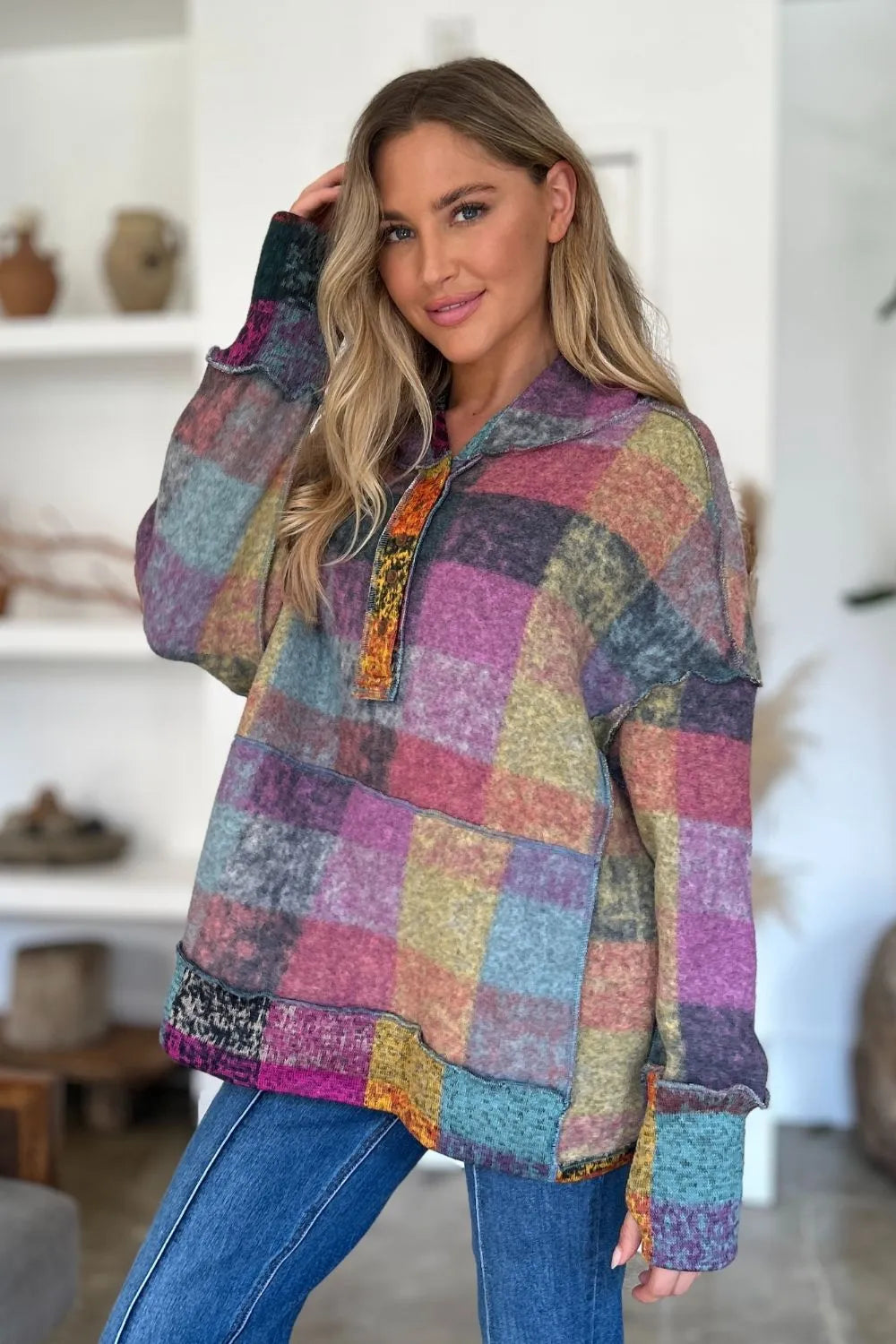Plus size plaid fleece hoodie with dropped shoulders from Trendsi, featuring a cozy, relaxed fit and stylish double take design.