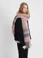 Trendsi fringe plaid polyester scarf with tassel details, featuring a classic red and black checkered pattern, styled as a cozy accessory.