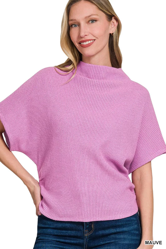 Trendsi Zenana mock neck sweater with side shirred detail, soft knit fabric, long sleeves, and fitted silhouette.