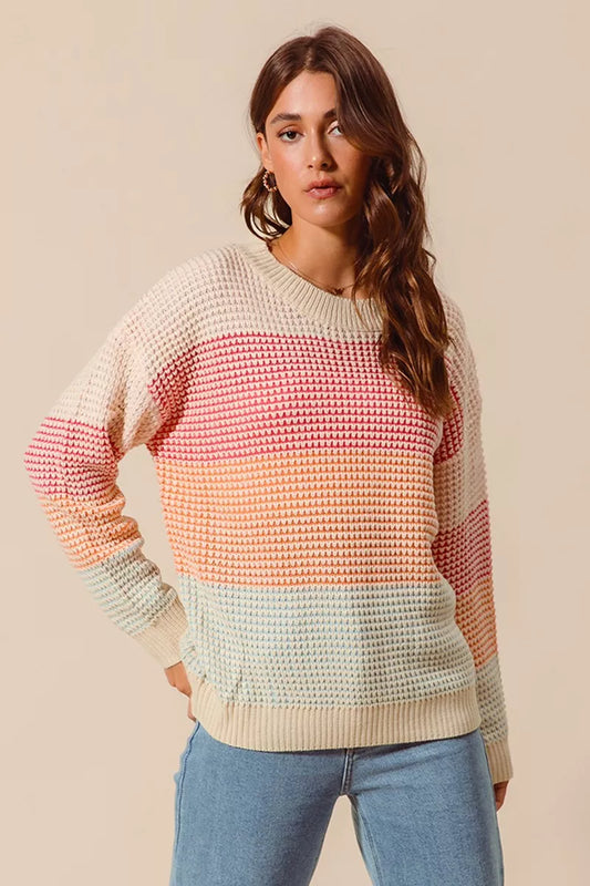 Multicolor block long sleeve sweater by Trendsi, featuring vibrant color blocks and a cozy fit, suitable for casual wear.