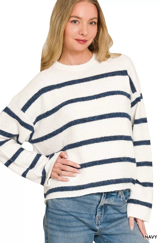 Zenana wool blend striped sweater featuring a cozy fit with horizontal navy and cream stripes, perfect for casual wear.
