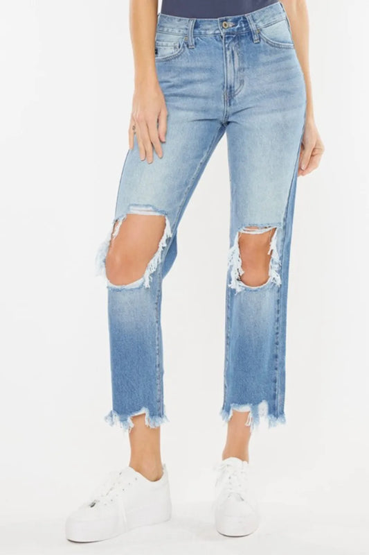 Kancan high waist mom jeans with chewed-up distressed straight-leg design, black denim, and classic fit, shown on a model.
