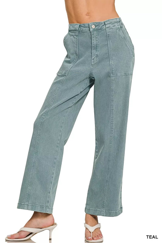 Zenana straight leg utility pocket jeans with multiple pockets and classic denim wash, styled on a model.