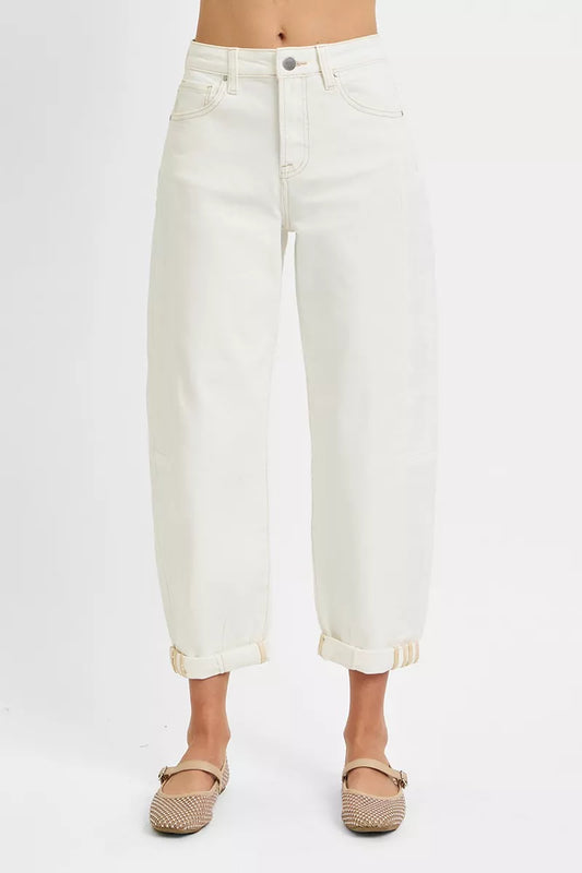 Plus size RISEN high rise barrel cropped jeans by Trendsi, showing the full length with a high waist and relaxed fit.