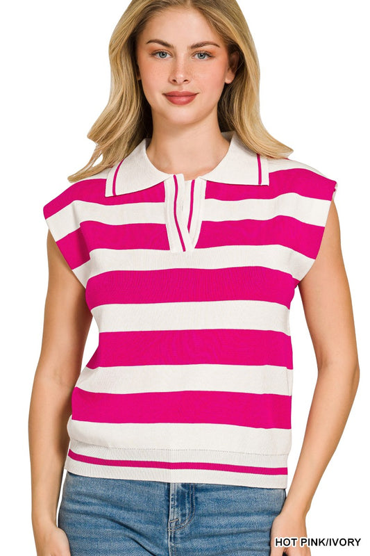 Striped Zenana Viscose Collared Sweater Vest with button details, featuring a classic collar and argyle pattern on the front.