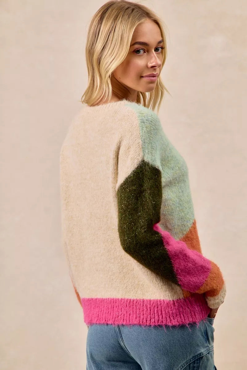 Multicolor block sweater top by Trendsi featuring a cozy, stylish design with bold color blocks and long sleeves.