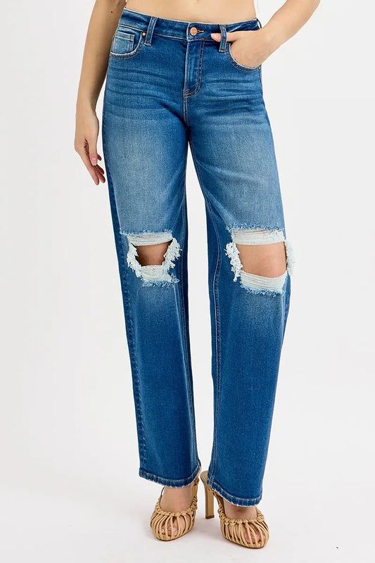Plus size RISEN boyfriend knee distressed jeans with mid waist fit, styled with a casual, relaxed look.