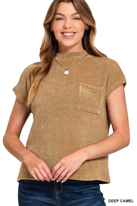 Soft Zenana chenille waffle short sleeve sweater in a cozy, textured fabric, perfect for casual wear.