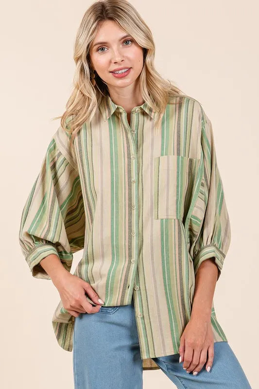 Striped bubble sleeve button-down shirt by Mittoshop, featuring bold stripes and relaxed fit with stylish button details.