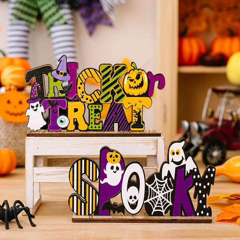 Halloween wooden decorative tabletop ornament with spooky design, perfect for seasonal home decor from Trendsi.