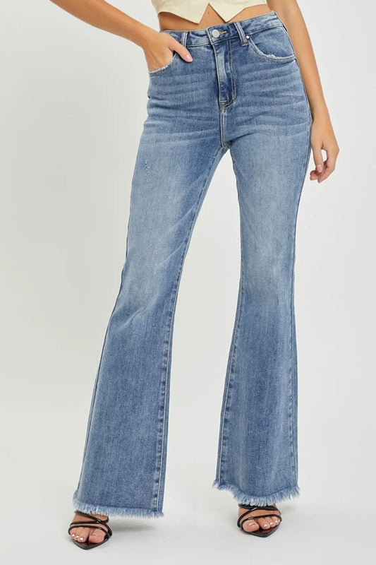 Risen high waist raw hem flare jeans in full size, featuring a classic denim look with a stylish raw hem and flared leg design.