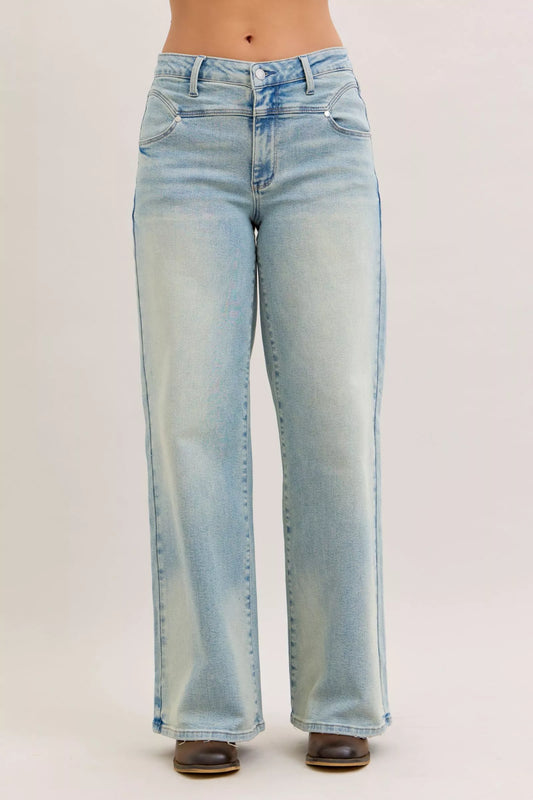 High waist Judy Blue column straight jeans in classic denim, showcasing fitted style and clean silhouette.