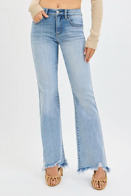 Plus size RISEN flare jeans by Trendsi with tummy control, mid-rise fit, fray hem, and stylish details.